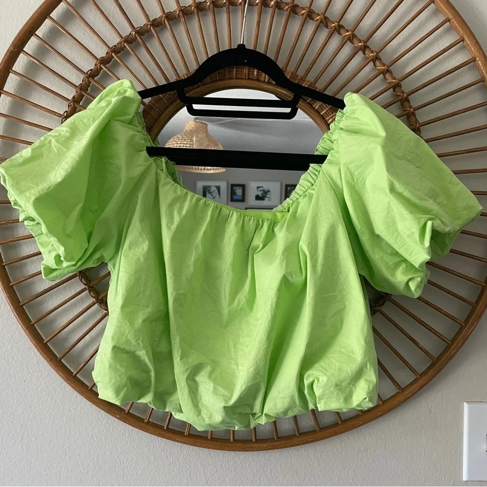 Wayf Lime green off the shoulder puff sleeve crop top Sz L